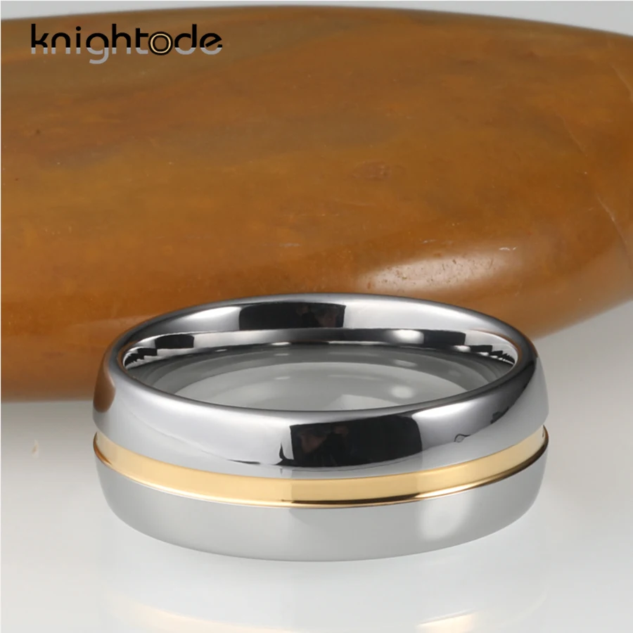 Золотой цвет Рифленое кольцо из карбида вольфрама купольное серебристое