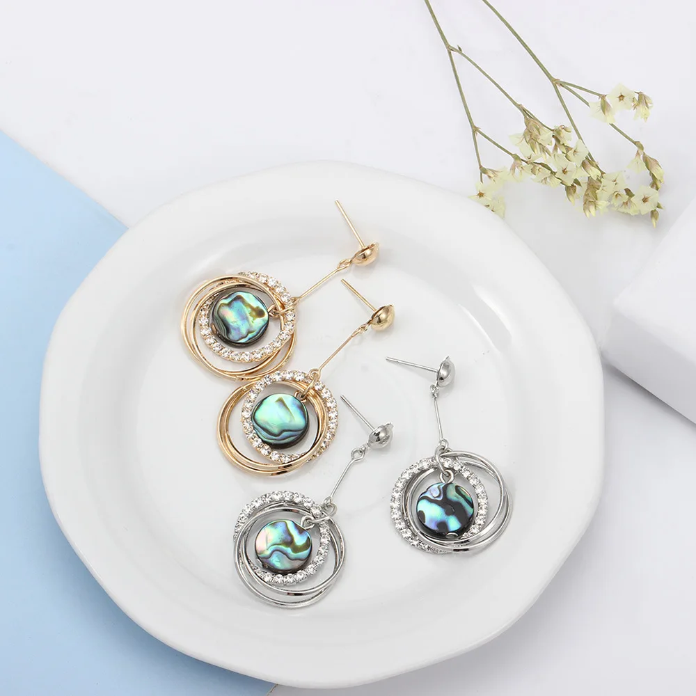 Fashion Color Abalone Shell Earring Double Circle Zircon Crystal Long Drop Geometric color Gold Bohemia Jewelry | Украшения и