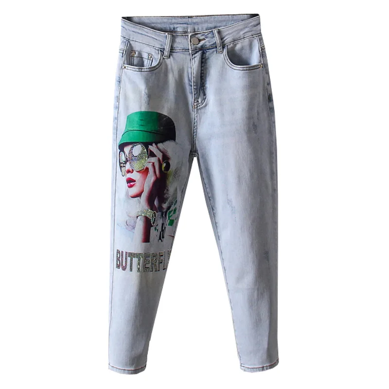 Размер плюс проблемная Многоцветная Картина с манжетами капри джинсы 4XL Летняя