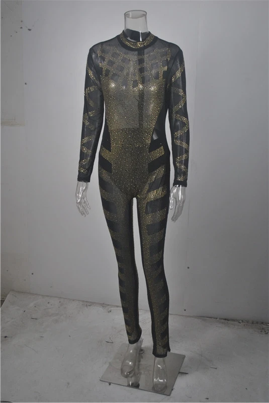 

Luxury Rhinestone Sparkly Jumpsuit Women Turtleneck Long Sleeve Mesh Romper Sexy Sheer Birthday Nightclub Bodycon Party Overalls