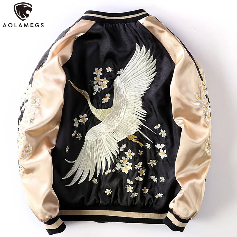

Aolamegs Jackets Men Crane Flower Embroidery Varsity Jacket Women Casual Double-Sided Wearable Parkas Cozy Baseball Bomber Coats