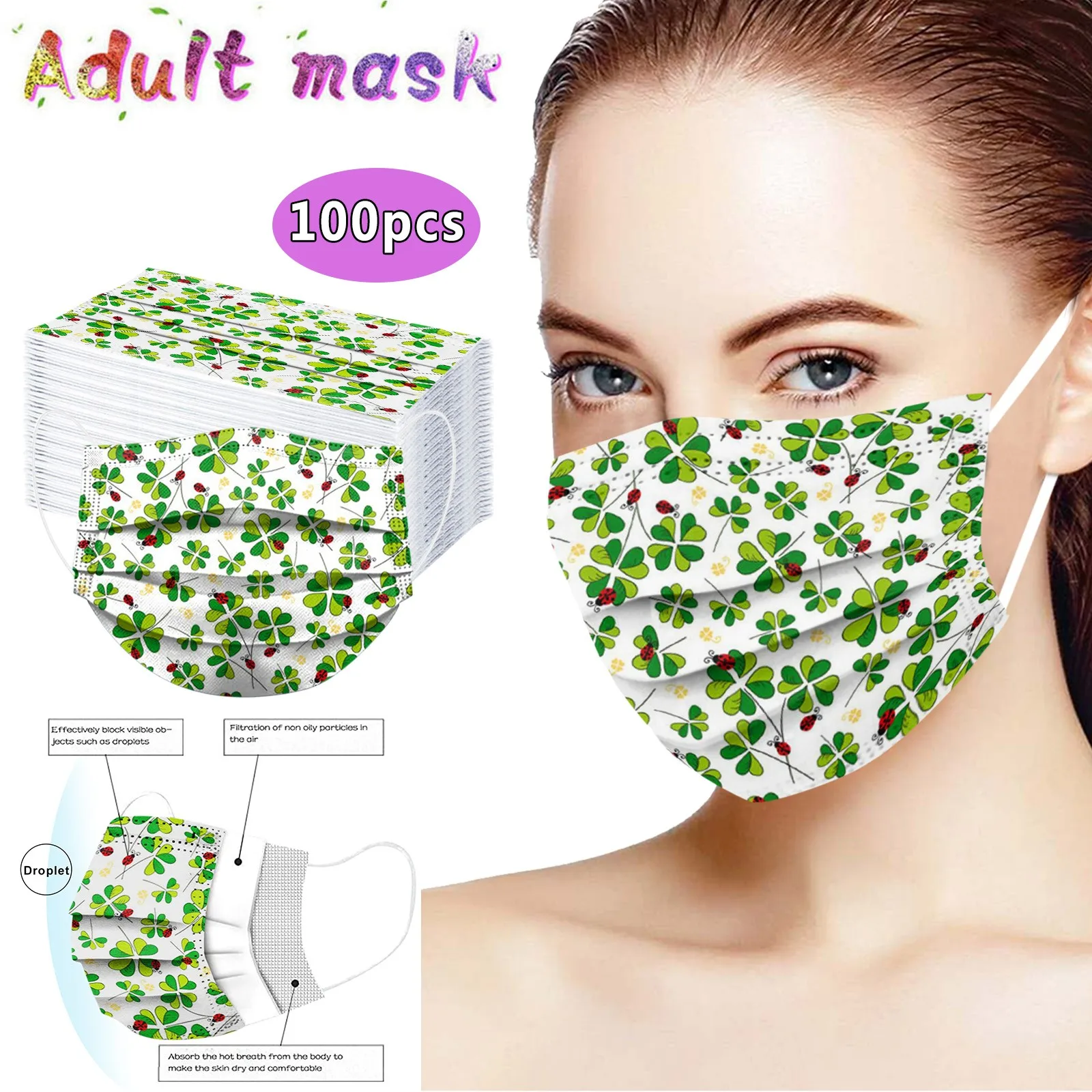

100PC Adults Mask Bunny print 3-Layer Disposable windproof dustproof breathable Protection Filter Mouth Outdoor Face Cover