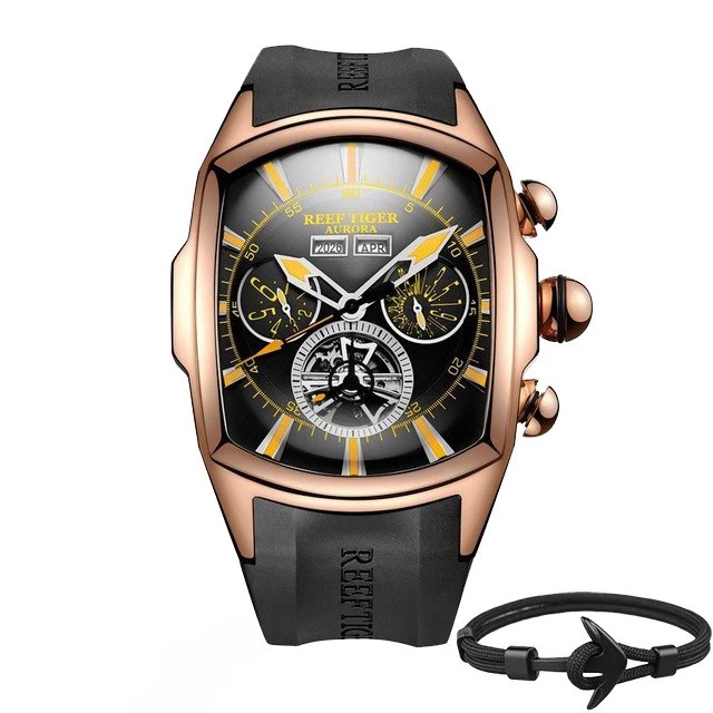 Топ бренд Reef Tiger Reloj Hombre Роскошные Tourbillon циферблат автоматические часы с резиновым ремешком механические водонепроницаемые мужские часы даты Relogio Masculino+ подарок - Цвет: RGA3069PBBG Box Gift
