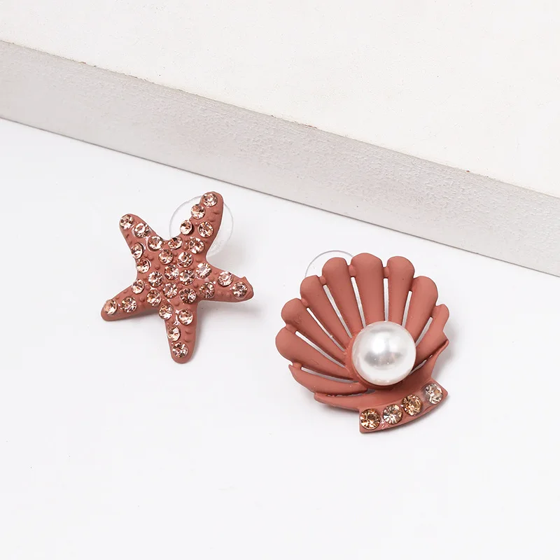 2019 Vintage Cute Ocean Small Stud Earrings Alloy Pearl Shell Starfish Crab Fish Asymmetric for Women Fashion Jewelry | Украшения и
