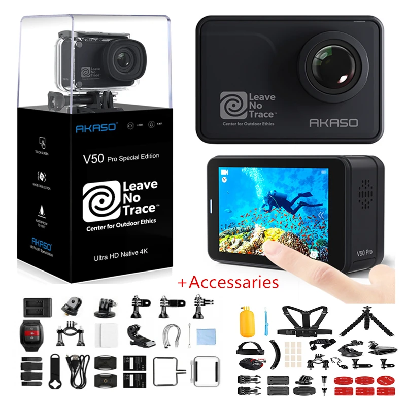 with accessaries AKASO V50 Pro SE экшн-камера с сенсорным экраном, Спортивная камера для доступа, специальная версия, 4K водонепроницаемая камера, WiFi, пульт дистанционного управления - Цвет: with accessaries