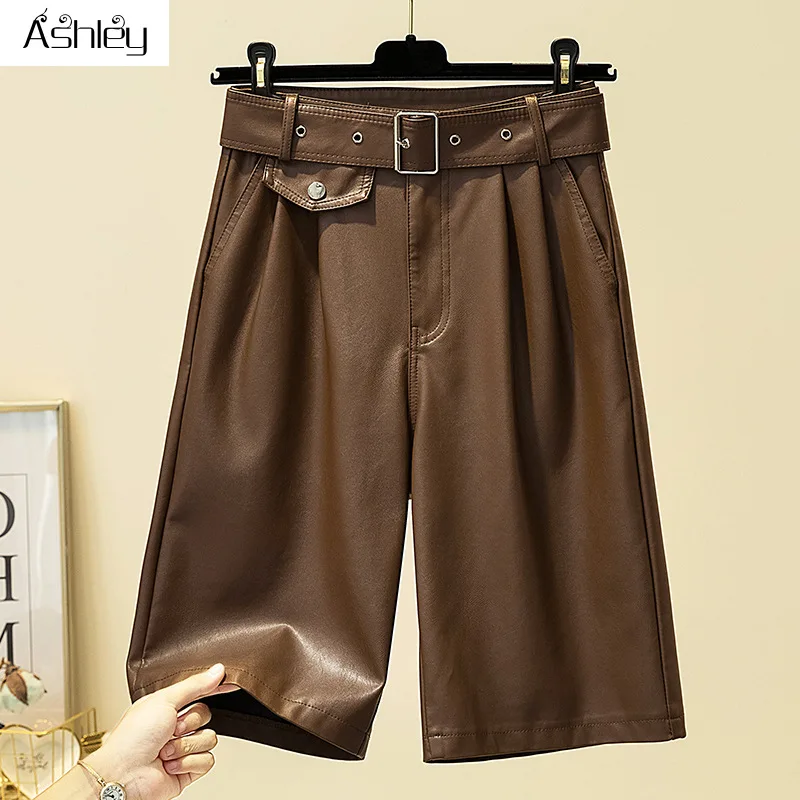 

Ashley Solid Leather Mid-length Shorts Spring Summer Camel High Waist Pocket Zipper Shorts High Street Style Women Shorts New