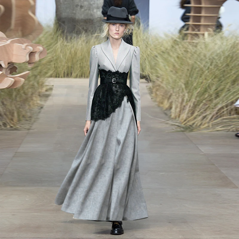 Женское длинное кружевное платье винтажное дизайнерское макси с длинным рукавом