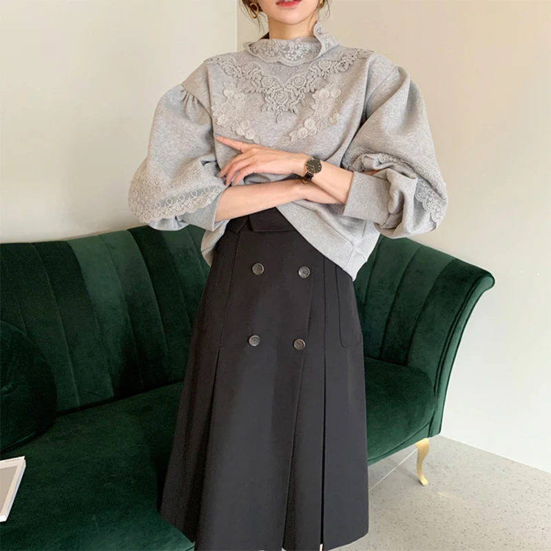 

Lace Long Sleeve Hoodies Women Solid Lace Turtleneck Students Korean Chic Autumn Loose Casual Female Sweatershirts LT994S50