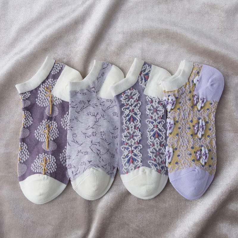 

Short Woman Socks Kawaii Sweat 2021 New Summer Cotton Girl Women's Crew Sock Ankle Low Cut Floral Female Meia Purple Ultra-Thin