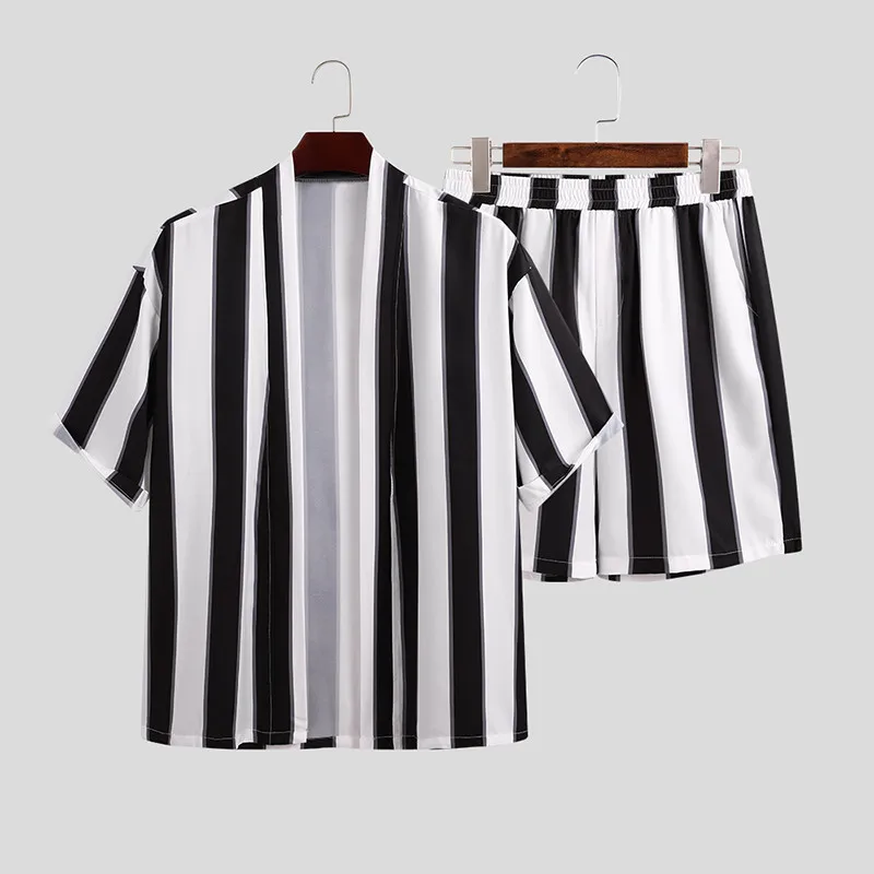 

INCERUN Summer Men Striped Sets Streetwear Loose Open Stitch Short Sleeve Shirt Fashion Shorts Beach Breathable Casual Mens Sets