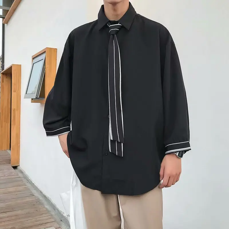 Dress Shirt Men's Fashion Social Men Shirt Gray Black White Tie Shirt Man Streetwear Loose Long-sleeved Shirts Mens M-3XL
