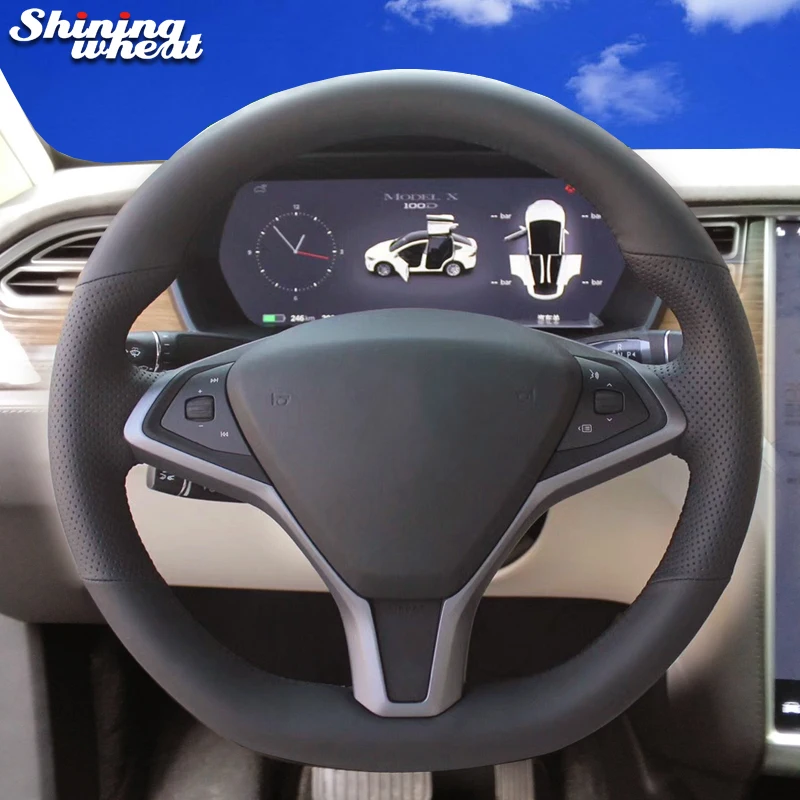

Hand Sew Black Genuine leather Steering Wheel Cover for Tesla model S