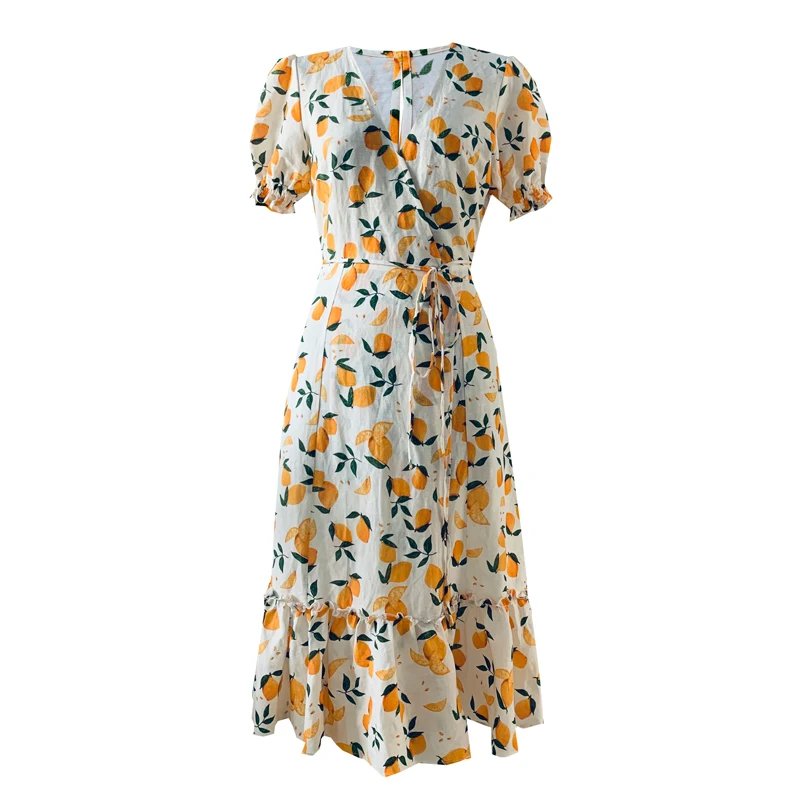 Платье женское льняное средней длины с V-образным вырезом и пышными рукавами в