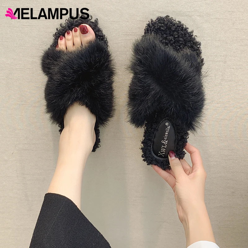 Женские тапочки с ворсом коллекция 2019 года сезон осень-зима Новинка из кроличьей