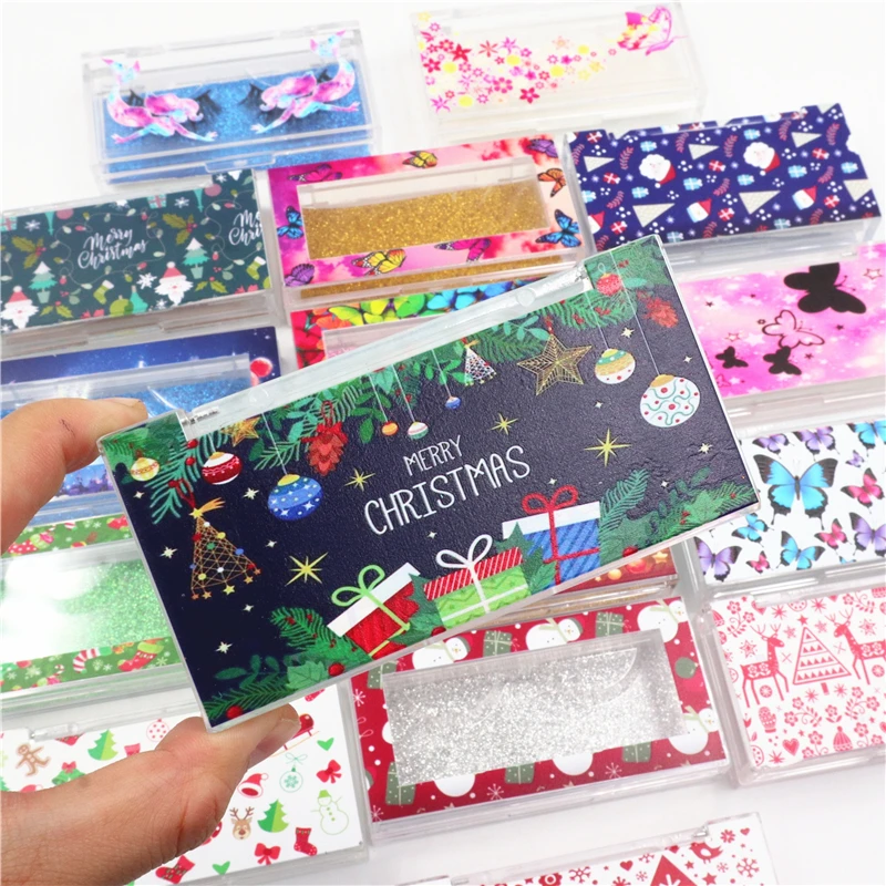 

Wholesale butterfly Christmas print False Lash Boxes Packaging Fahion Empty Eyelash Rectangle Packaging Box Mink Lashes Case