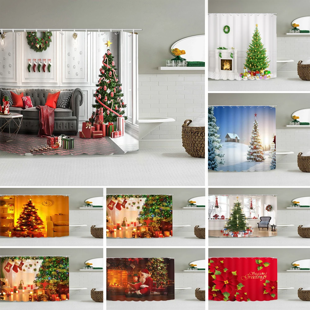 

Nordic Style Christmas tree Bathroom Waterproof Shower Ccurtains Curtains 3D Print Christmas Santa Claus Pattern Bath Curtains