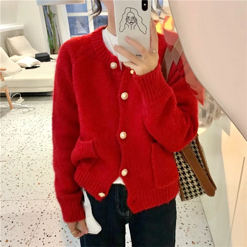 

Женский однобортный вязаный кардиган, повседневный однотонный кардиган с круглым вырезом и длинными рукавами в Корейском стиле на осень