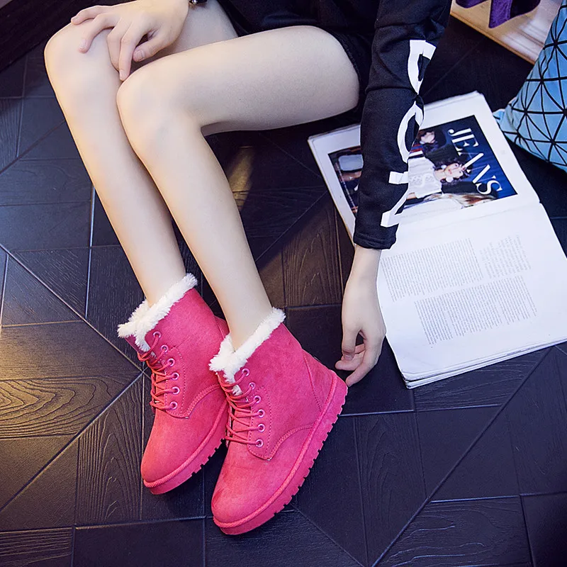 Женские ботинки из флока розовые теплые хлопка недорогая зимняя обувь