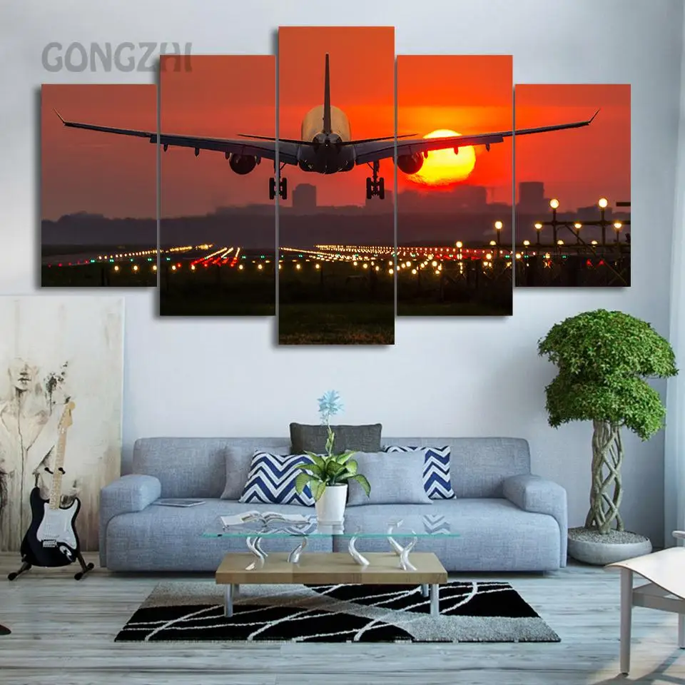 

Home Decor Living Room Bedroom Wall Poster Five-Piece Modular Picture Red Sunset Landscape and Airplane Hd Print Canvas Painting