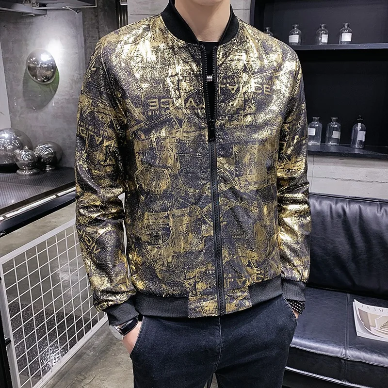 

Gold Luxury Black Print Party Jacket 2020 Spring New Jacquard Bomber Jackets Men Clothes Outfit Club Bar Coat Men Casaca Hombre