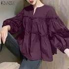 ZANZEA 2022 повседневные блузы с пышными рукавами элегантные топы с оборками Женская Весенняя Блузка Женская Офисная Лоскутная рубашка туника