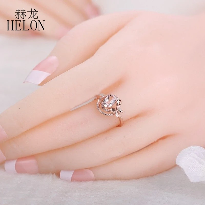 

HELON Solid 10k Rose Gold Flawless 7x5mm Oval Genuine Natural Morganite & Diamonds Engagement Ring Women Wedding Jewelry Ring