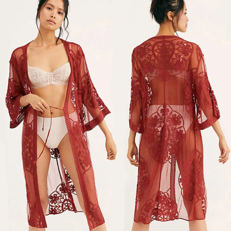 fitshinling flower lace beach cover up swimwear kimono flare sleeve see through long cardigan bikini outer cover sexy cover ups free global shipping