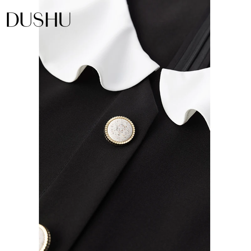 

DUSHU Vintage ruffle black long dress Women long sleeve slim autumn spring dress Plus size female peter pan collar elegant dress