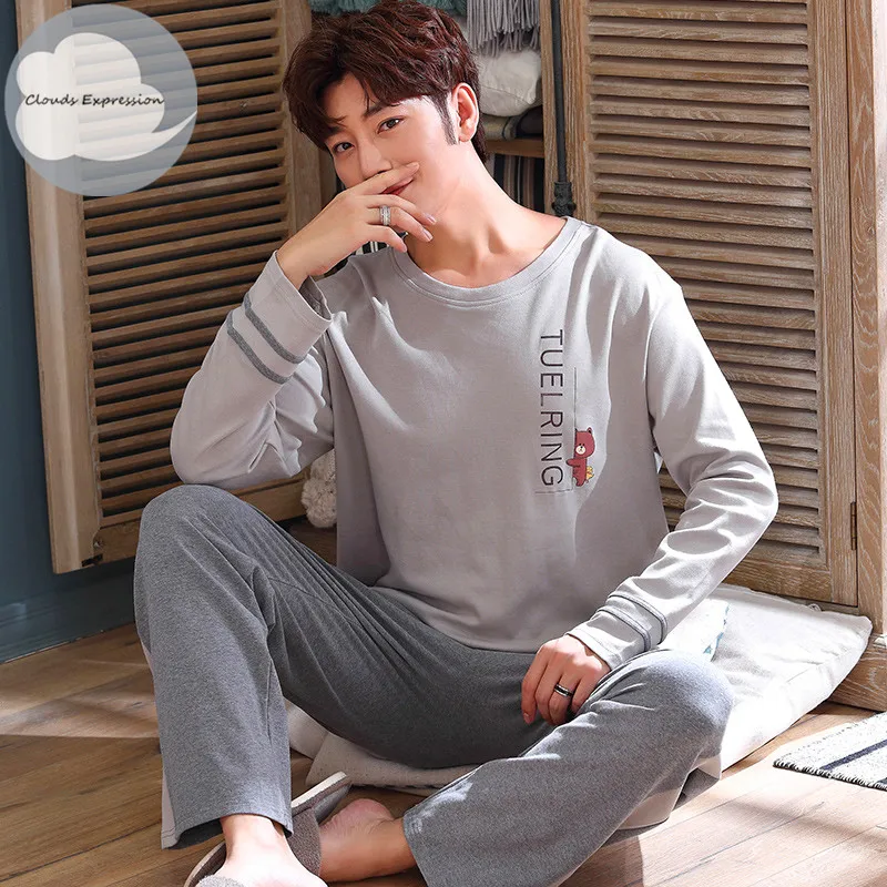 

Autumn Winter Knitted Cotton Cartoon Men's Pyjamas Suits Pajamas Set Casual Male Sleepwear Pyjamas Night Pijamas Homewear 4XL