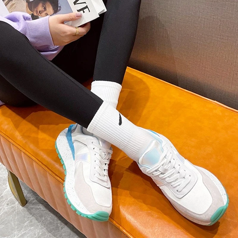 

Coolcept Women Real Leather Sneakers Round Toe Cross Strap Thick Bottom Shoes Mixed Color Outdoor Female Footwear Size 35-40