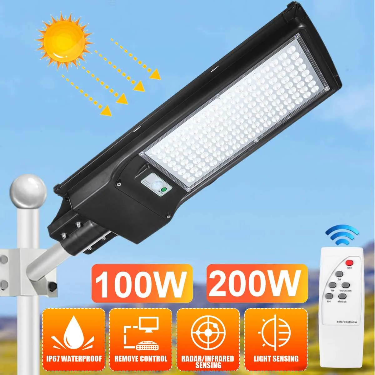 100W/200W Солнечный уличный светильник 136 светодиодный настенный IP67 на солнечных