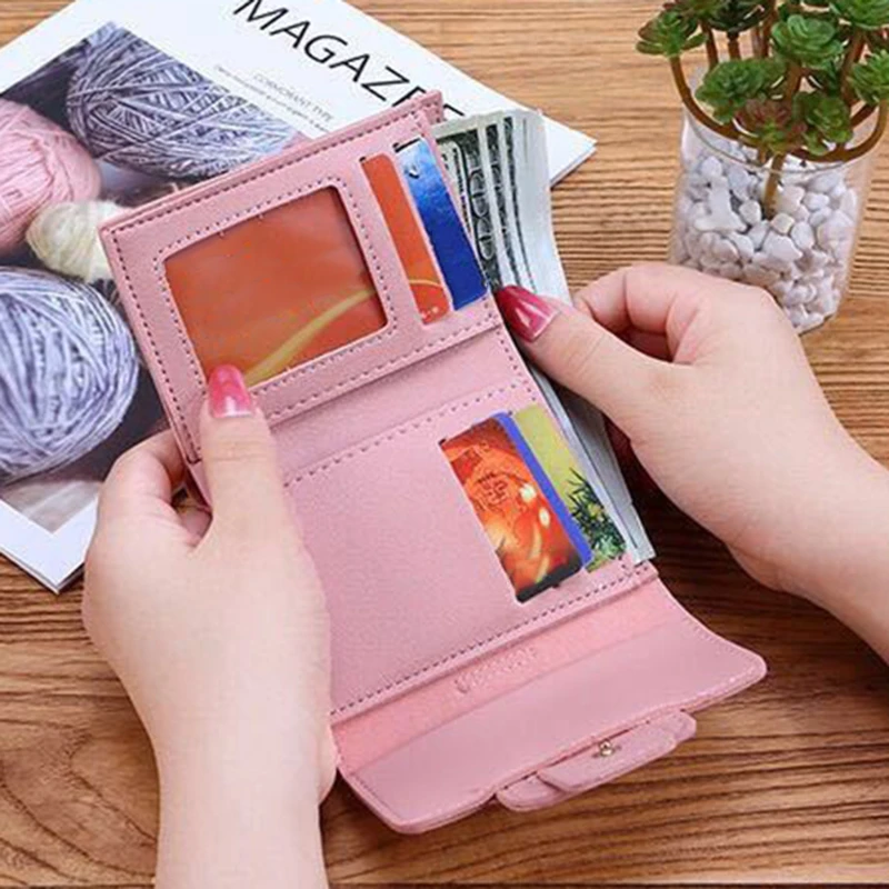 

Women Short Wallets PU Leather Female Buckle Purses Multi Card Holder Wallet Photos Coin Purse Fashion Woman Small Zipper Wallet