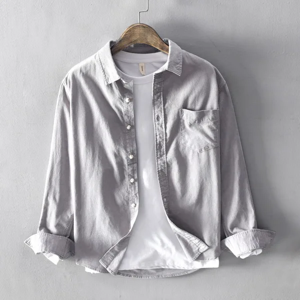 light gray Осенняя и весенняя рубашка из хлопка, мужские брендовые рубашки с длинным рукавом для мужчин, модная Однотонная рубашка, мужские повседневные рубашки, мужская рубашка - Цвет: light gray