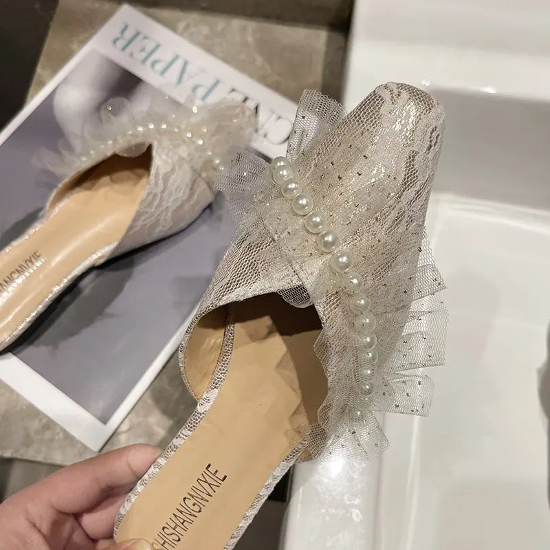 

Rimocy Summer New Women Sexy Lace Flat Shoes Pearl Square Toe Slip on Slippers Woman Solid Color Non-slip Ladies Mules Slides