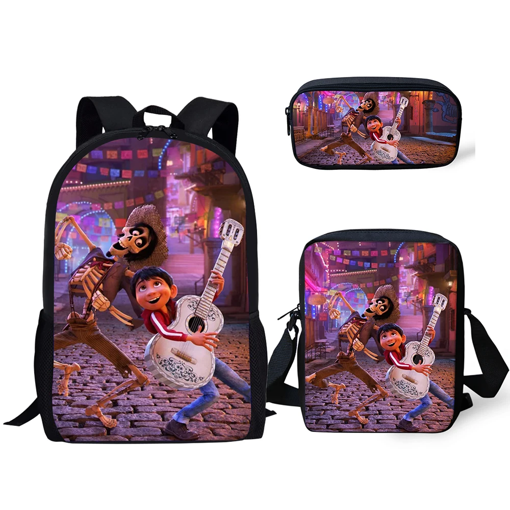 HALYUNASC 3PCs/Set Children's School Backpack COCO Music Skull Pattern Kids School Bags Cartoon Teenagers Book-Bags Set