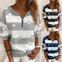 fashion simple spring and autumn new popular striped printing long sleeve zipper loose casual sweater