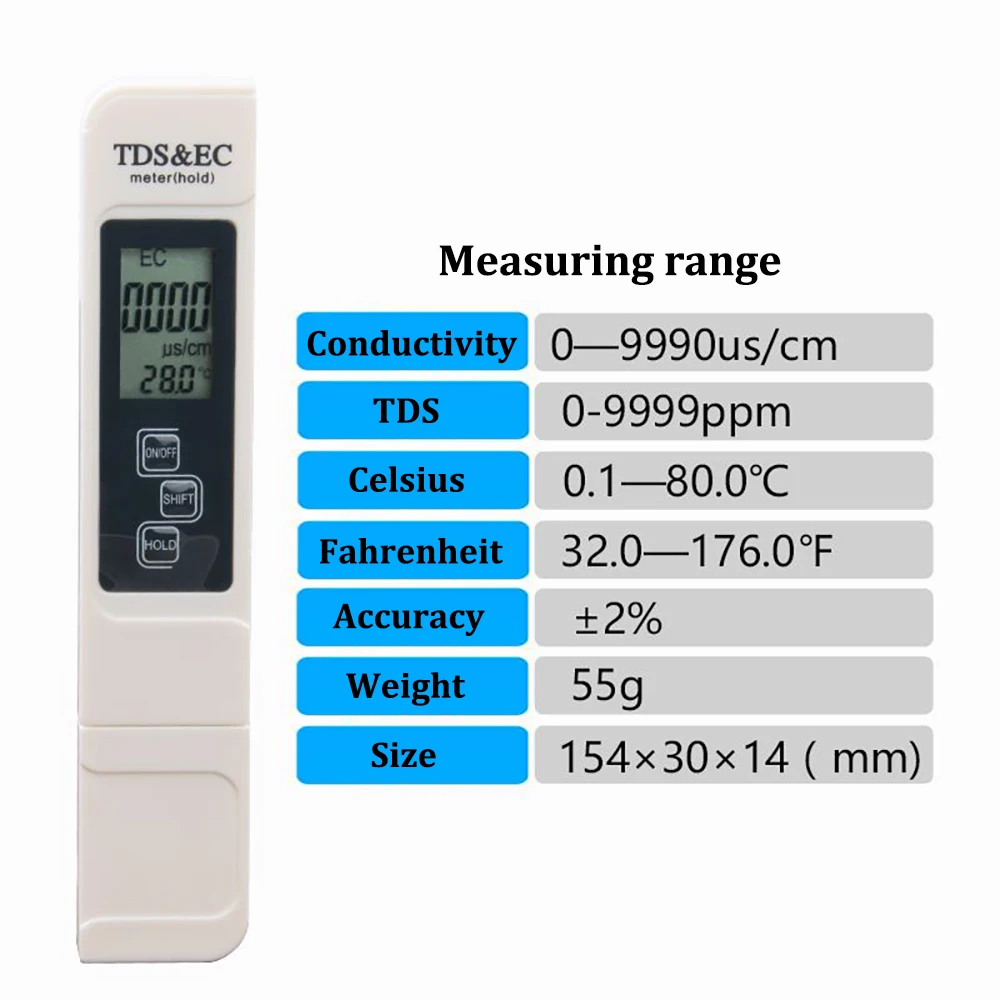 Medidor TDS/EC profesional, medidor EC, Digital, LCD, a prueba de agua, bolígrafo, filtro de pureza, Monitor de calidad del agua con batería