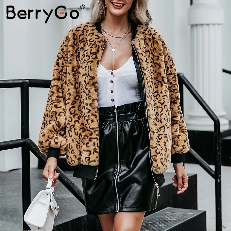 BerryGo повседневное леопардовое пальто с искусственным мехом Женская Осенняя