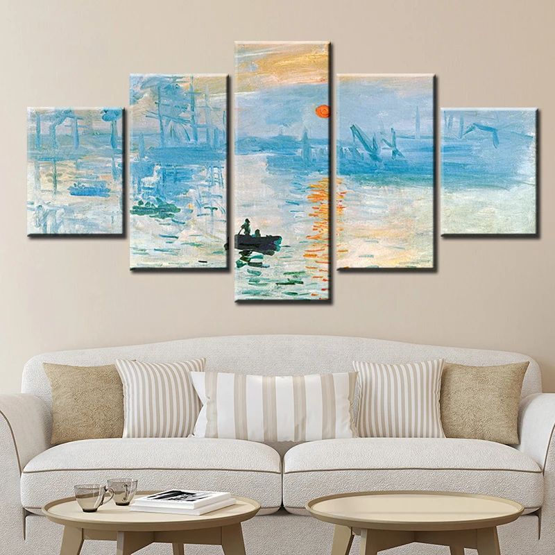 

5 Panels Claude Monet Impression Sunrise Famous Landscape Oil Painting on Canvas Art Poster Print Wall Picture for Living Room