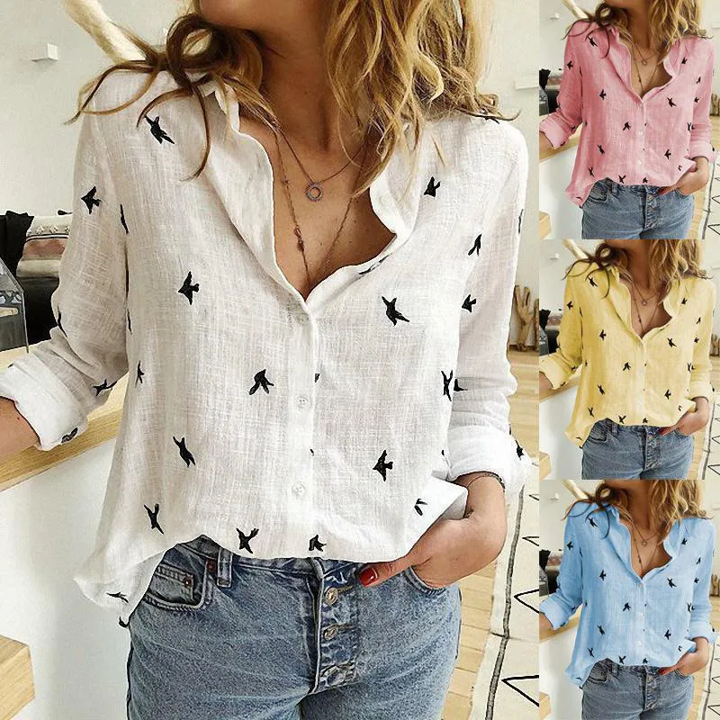 

Women's Birds Print Shirts 35% Cotton Long Sleeve Female Tops 2021 Spring Summer Loose Casual Office Ladies Shirt Plus Size 5XL