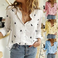 womens birds print shirts 35 cotton long sleeve female tops 2021 spring summer loose casual office ladies shirt plus size 5xl