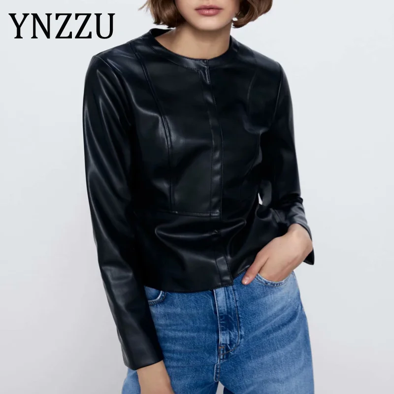 

Женская Короткая кожаная куртка YNZZU 9O172, черная повседневная куртка из искусственной кожи, уличная одежда, 2020