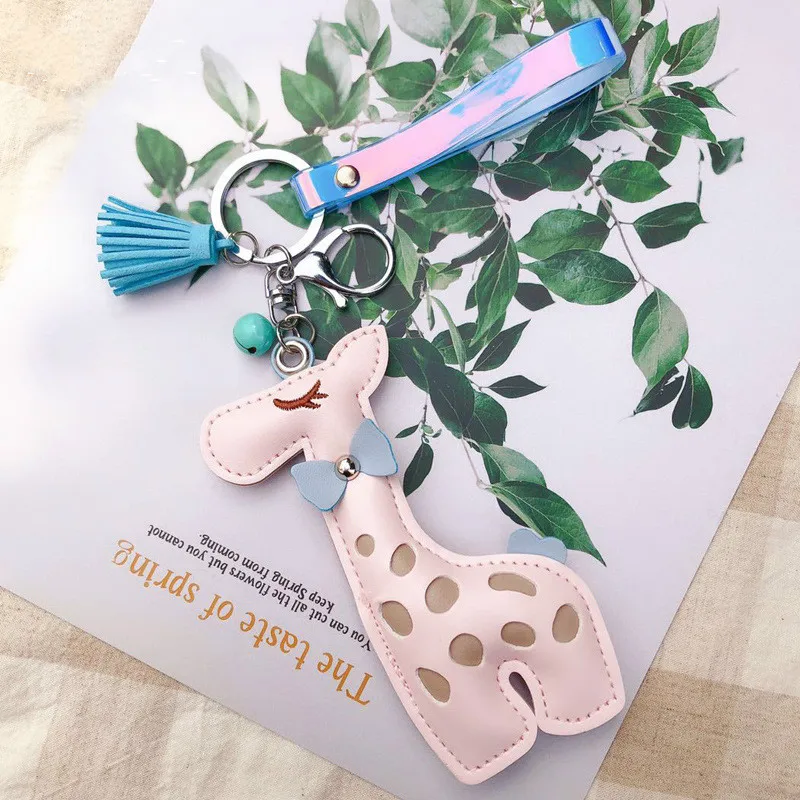 

Cartoon animal giraffe key chain female creative car bell small pendant cute bag Key Ring Gift