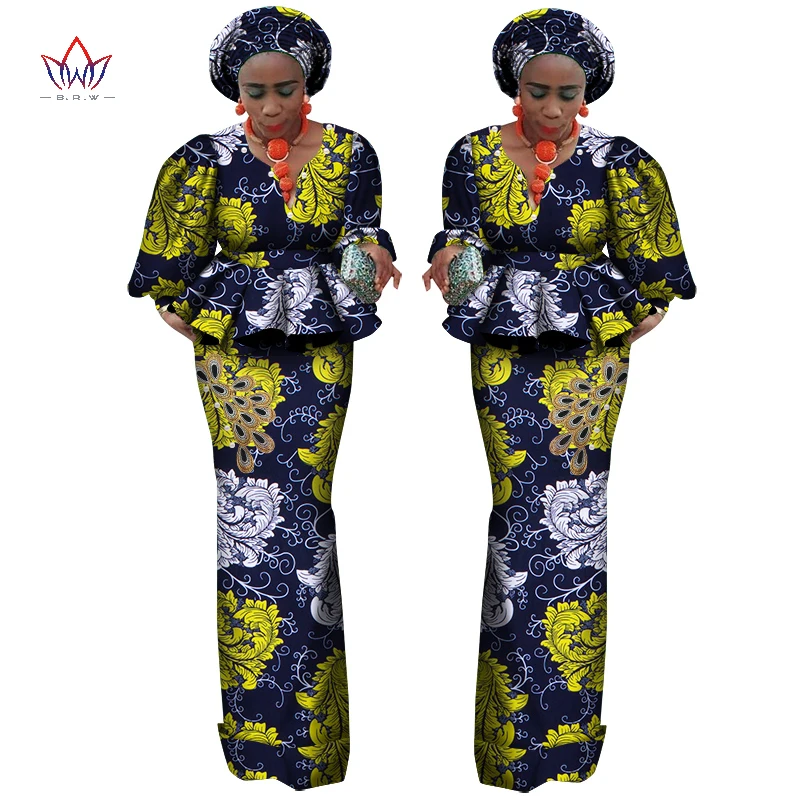African Lantern Sleeves Print Tops and Skirt Sets for Women Bazin Riche African Clothing 2 Pieces Customize Skirts Sets WY6115