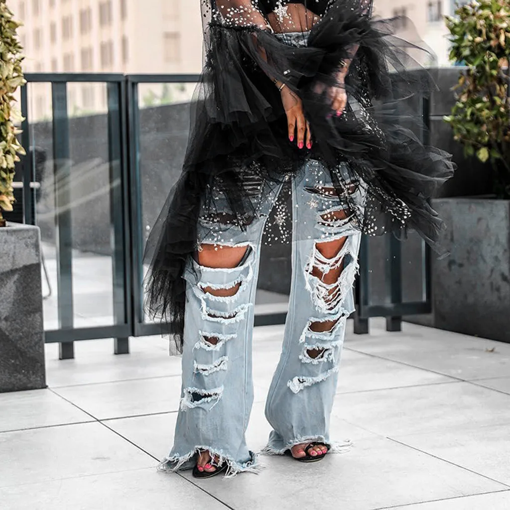 Женские джинсы с высокой талией прямые выбеленные карманами и дырками