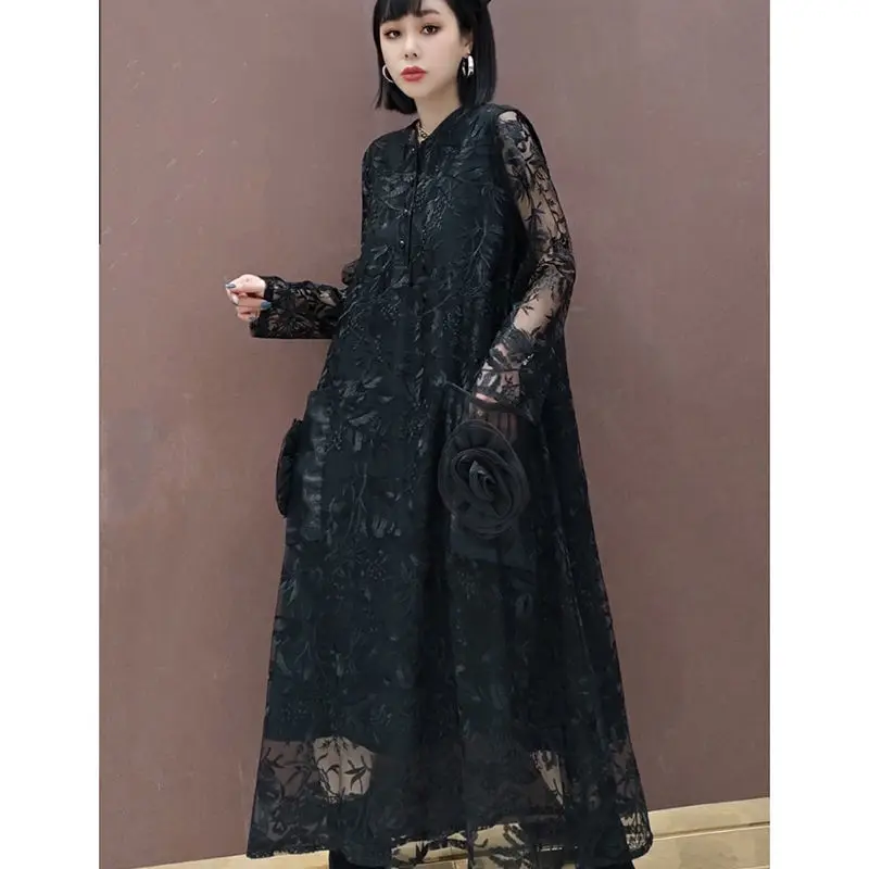 

Max LuLu 2021 Spring New Womens Lace Embroidery Dress Ladies Chiffon Flowers Long Dresses Female Elegant Brown Vestidos Big Size