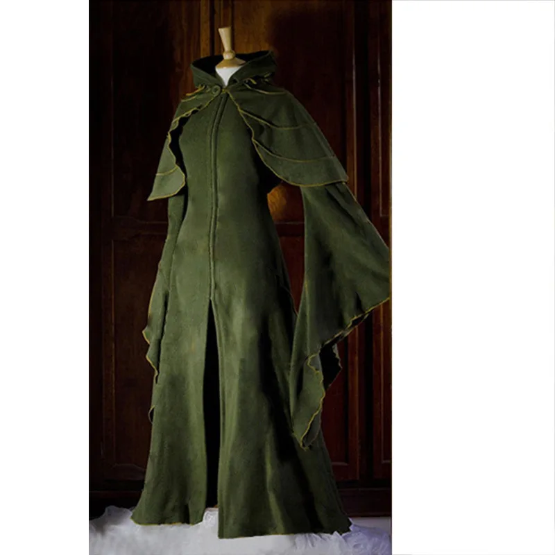 New Arrival Women Fairy Elf Cosplay Medieval Renaissance Hooded Dresses Flared Sleeve Patchwork Split Floor Length Vintage D |