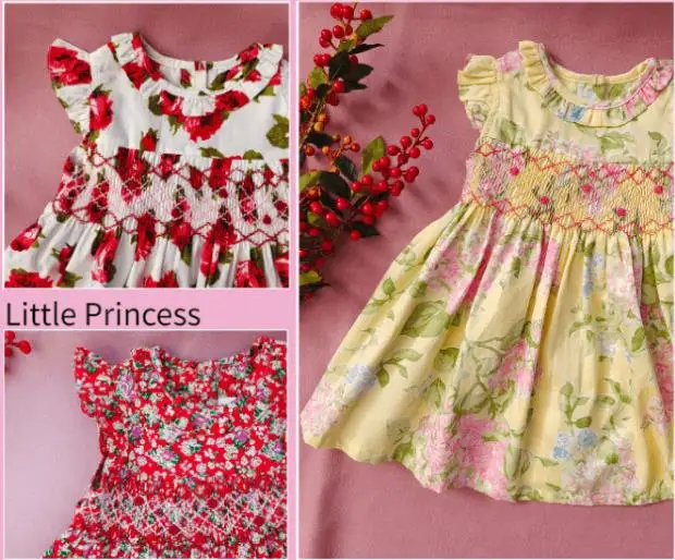 

Baby girl summer vintage floral smocked dress kids casual embroidered cotton Spanish vest princess dress