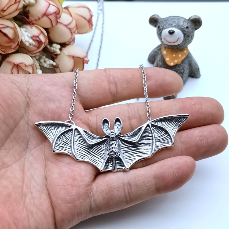 

Gothic Vampire Bat Sweater Necklace Silver plated Framed Bat Cameo Necklace Halloween Witch Crystal Necklace Gift for Bat Lover