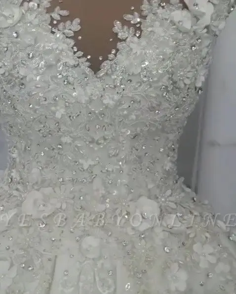 Real Video New Long Gorgeous Sleeveless Crystal Ball Gown Wedding Dresses With Handmade Flowers Robe De Mariee
